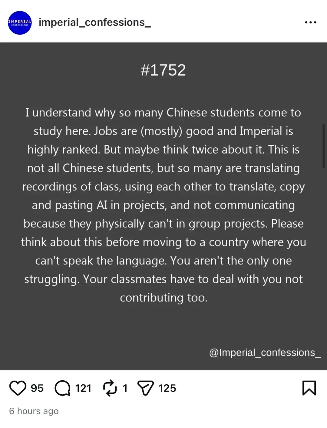 何意味？帝國理工校園牆公開歧視中國留學生並置頂